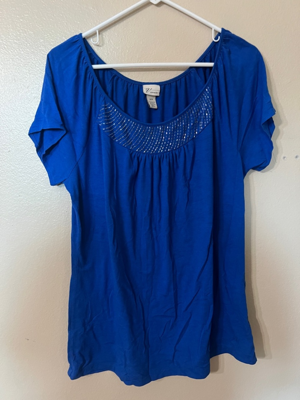 Venezia Cobalt Blue Scoop Neck Short Sleeve Top with Beaded Detail